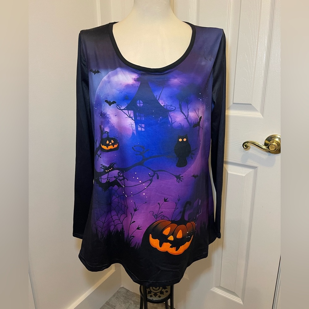 Halloween xl long Sleeve Round Neck spooky Halloween Print Pullover Shirt nwot